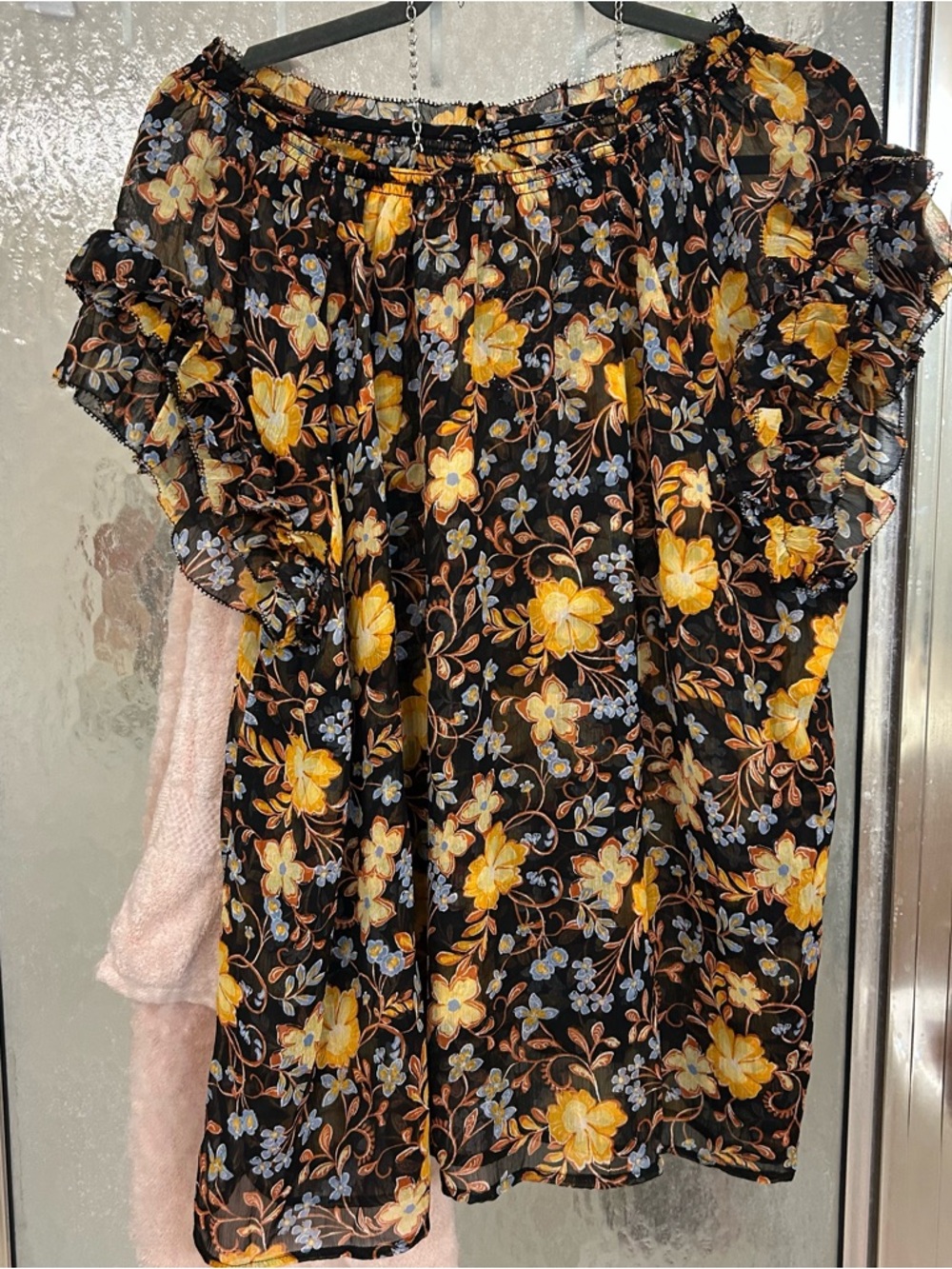Old Navy Black Floral Off-Shoulder Dress with Yellow and Light Blue Flowers